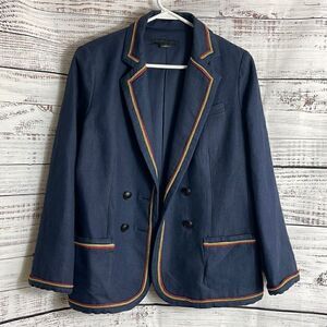 Worth Blazer Womens size 8 linen double breasted Denim embroidered Made‎ in USA